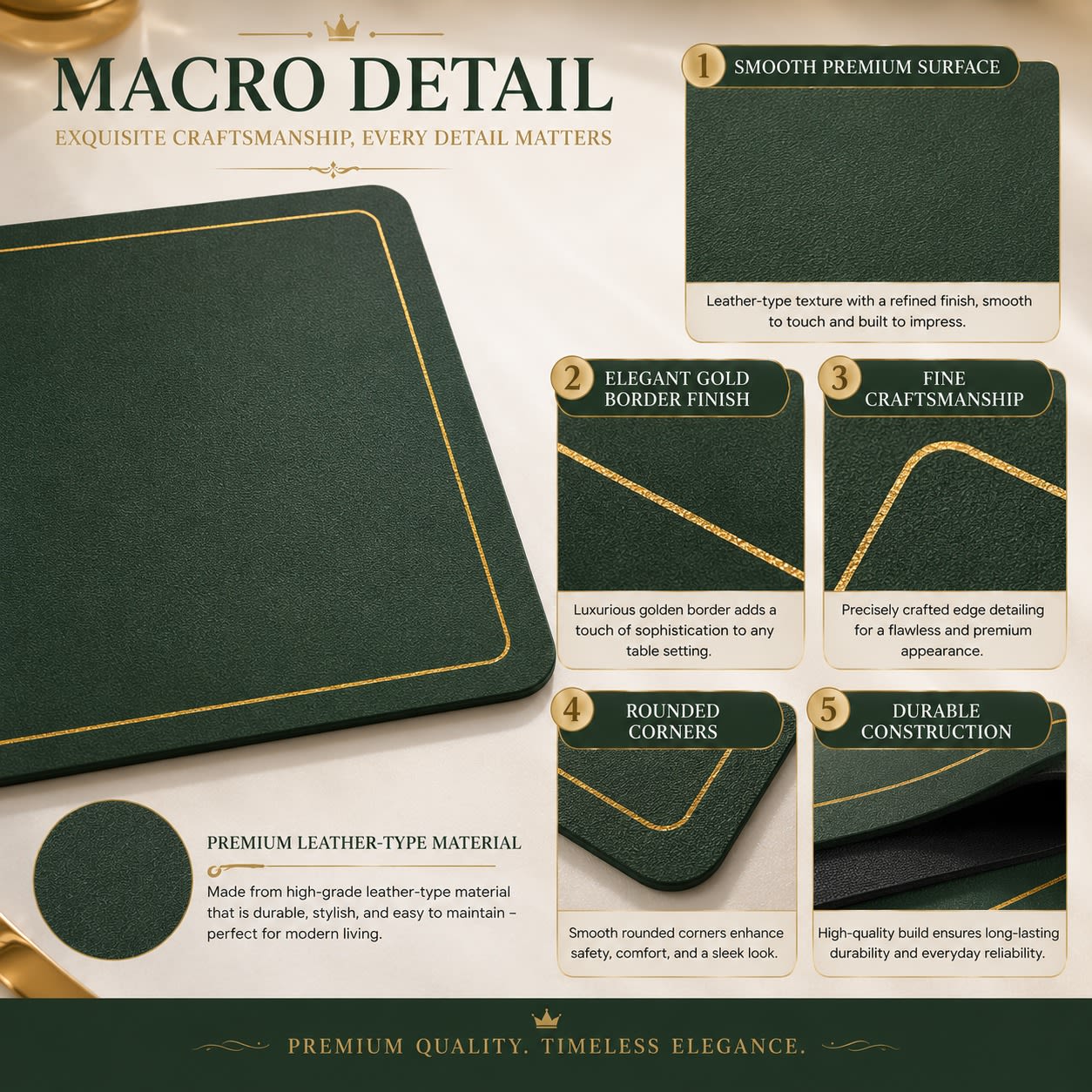 Premium Leather Type Table Mats with Golden Border - (Quantity: 6pcs) — view 4