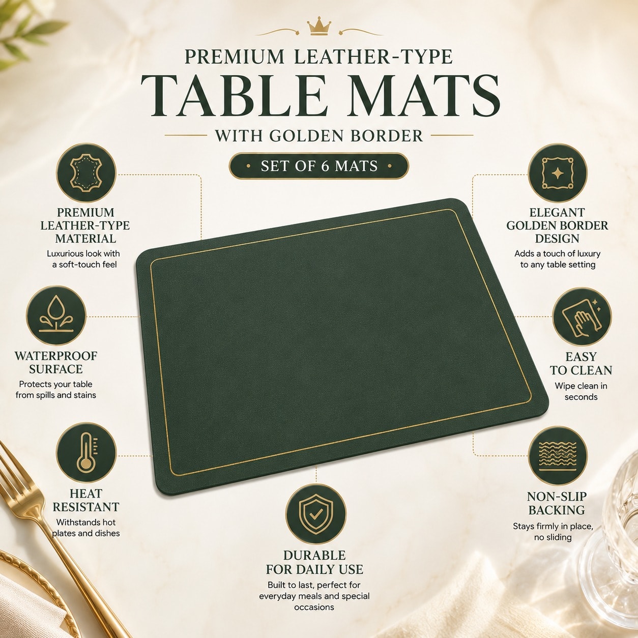 Premium Leather Type Table Mats with Golden Border - (Quantity: 6pcs) — view 7