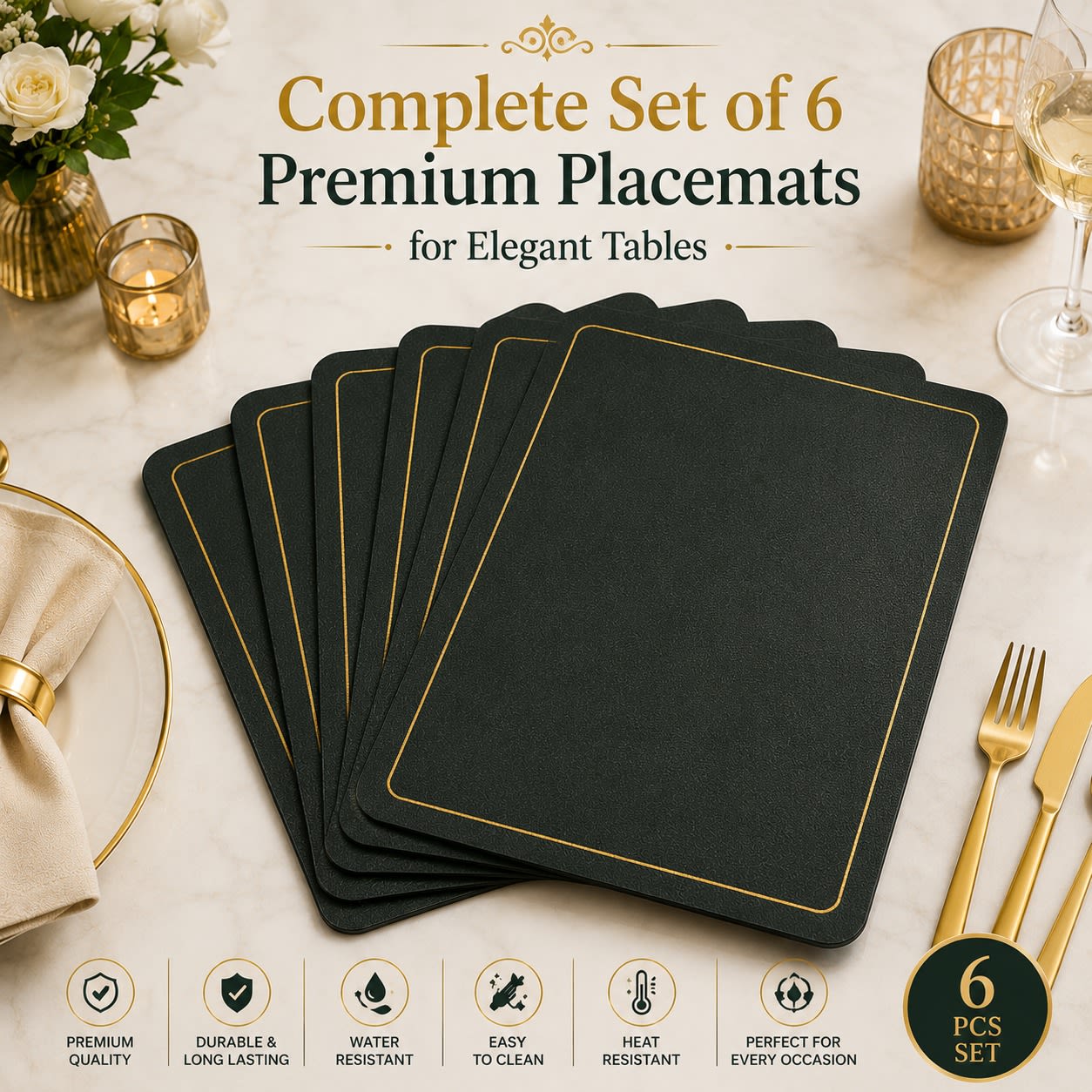 Premium Leather Type Table Mats with Golden Border - (Quantity: 6pcs) — view 3