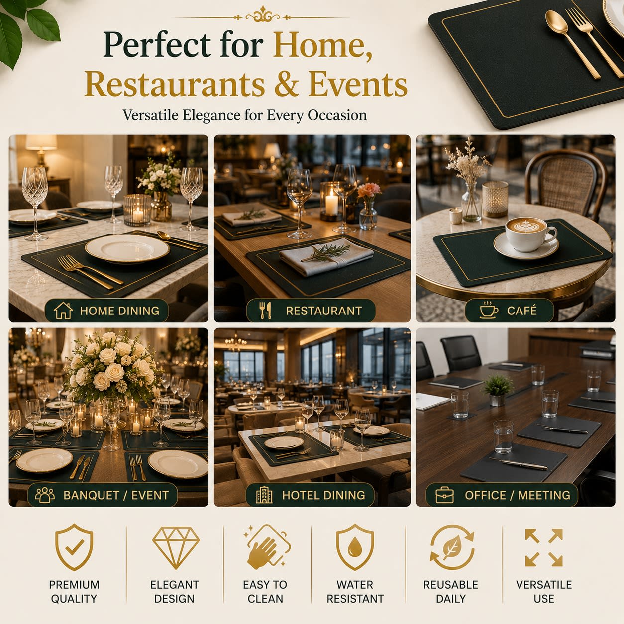 Premium Leather Type Table Mats with Golden Border - (Quantity: 6pcs) — view 4