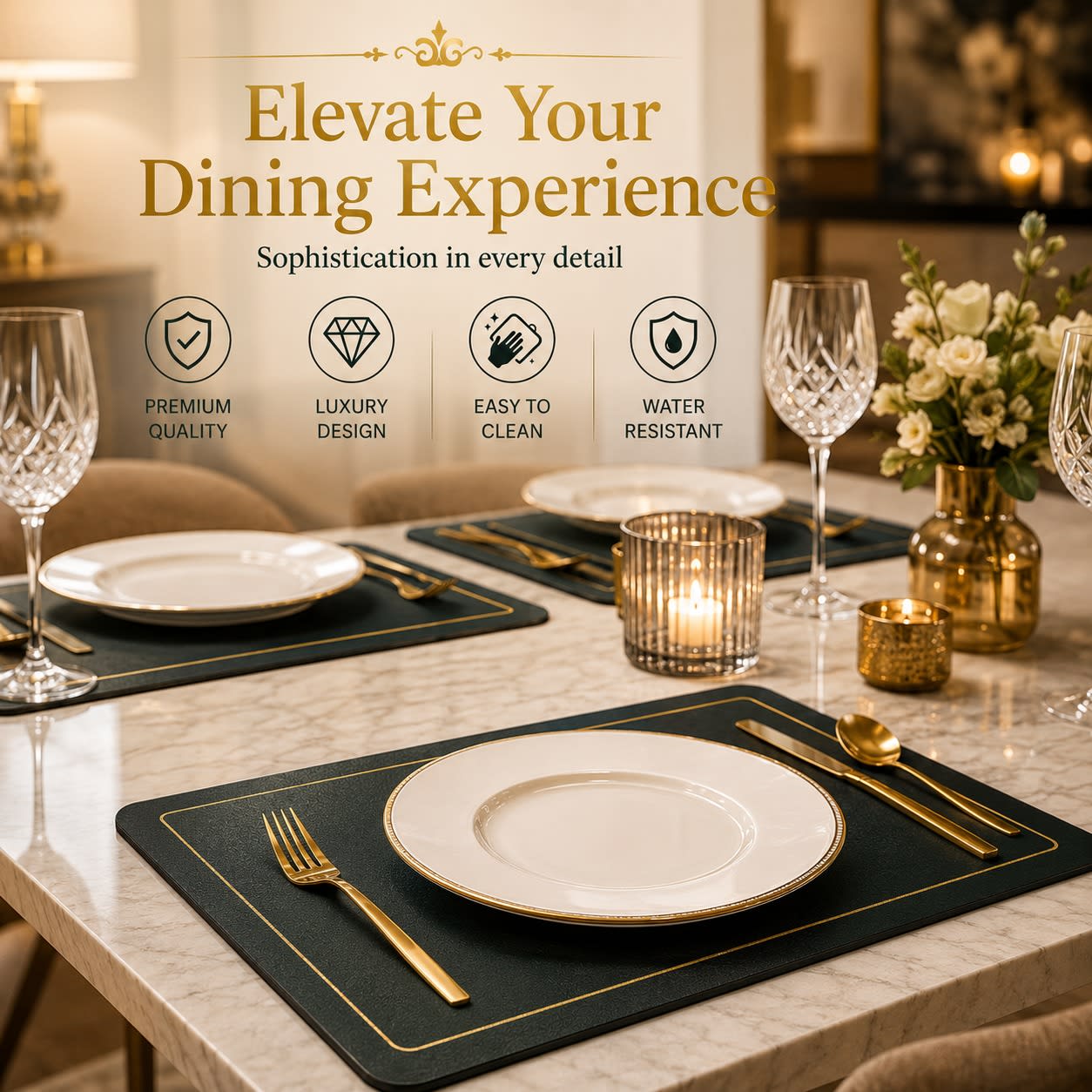 Premium Leather Type Table Mats with Golden Border - (Quantity: 6pcs) — view 6