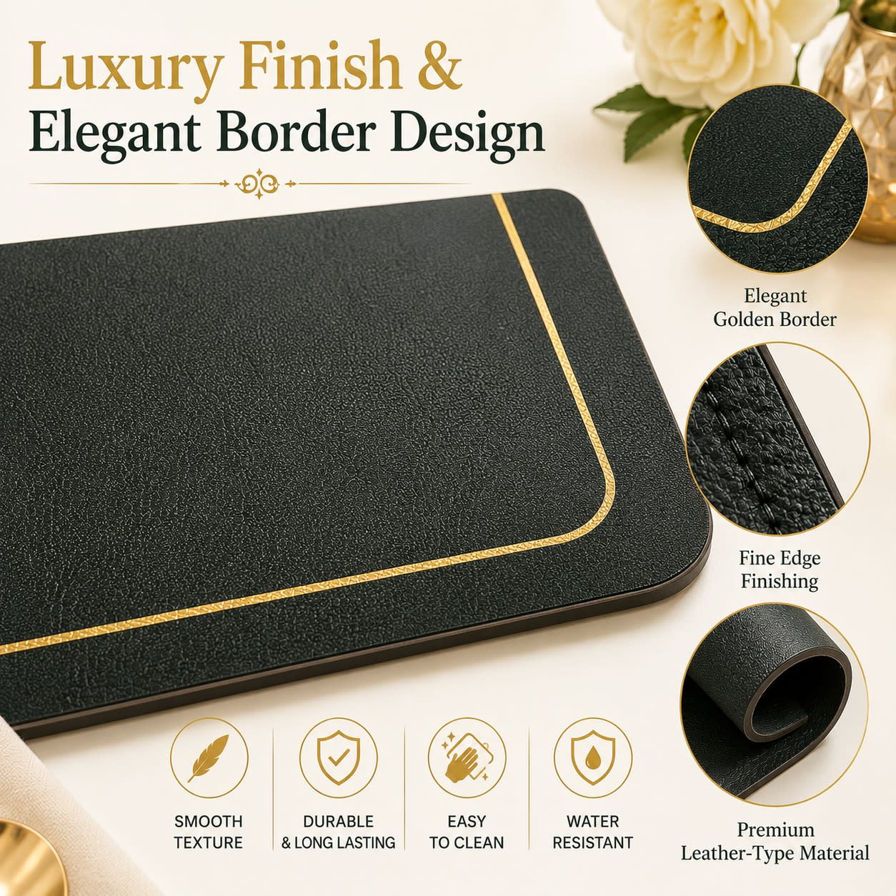 Premium Leather Type Table Mats with Golden Border - (Quantity: 6pcs) — view 7