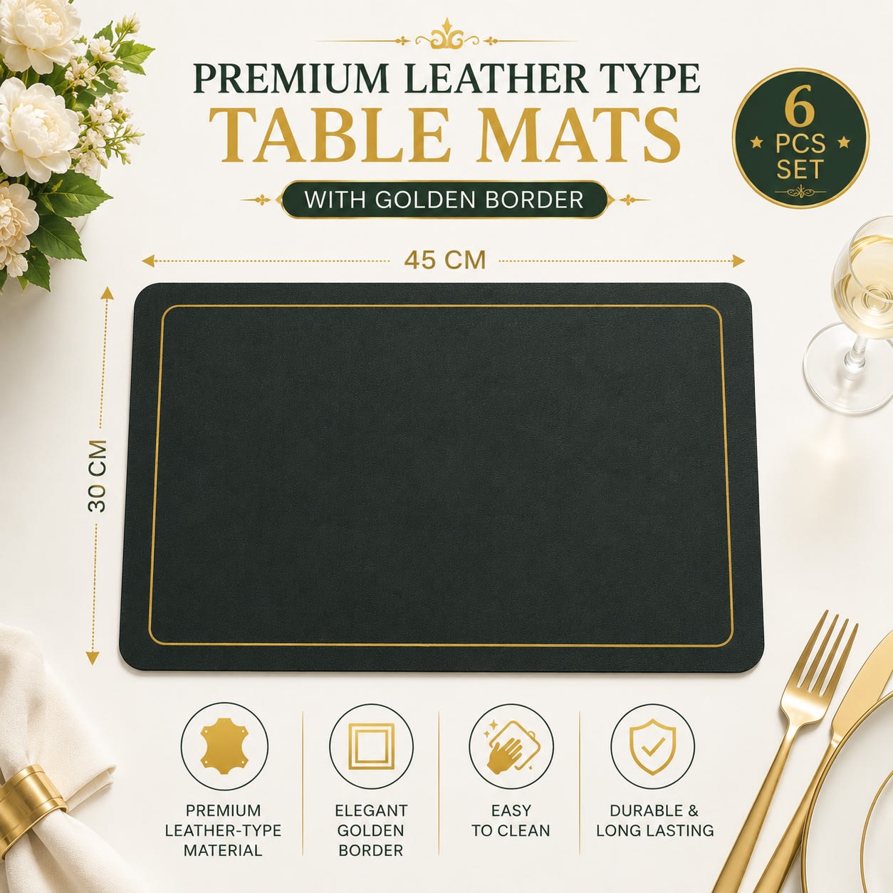Premium Leather Type Table Mats with Golden Border - (Quantity: 6pcs) — view 8