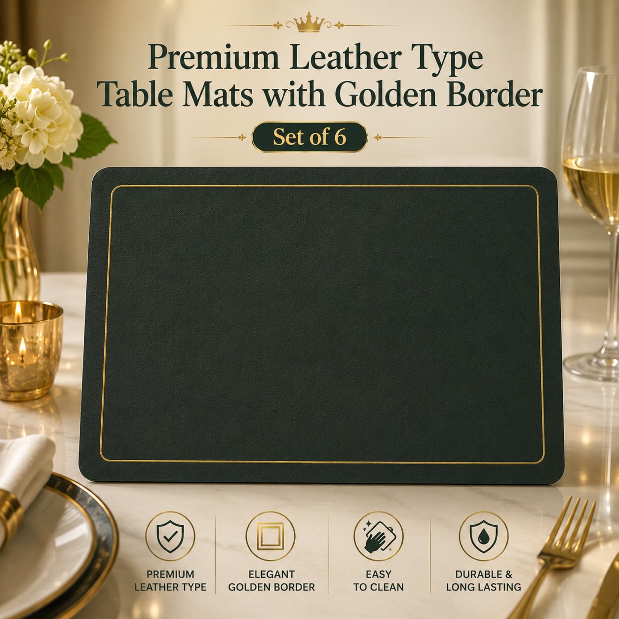 Premium Leather Type Table Mats with Golden Border - (Quantity: 6pcs) — view 9