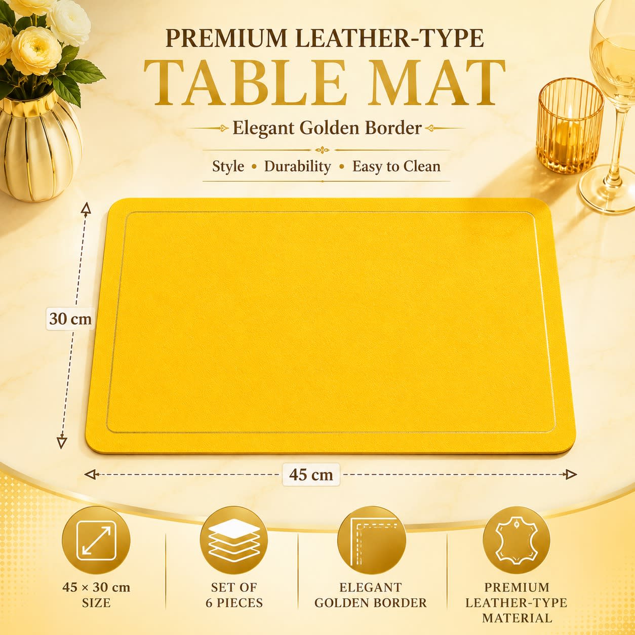 Premium Leather Type Table Mats with Golden Border - (Quantity: 6pcs) — view 7