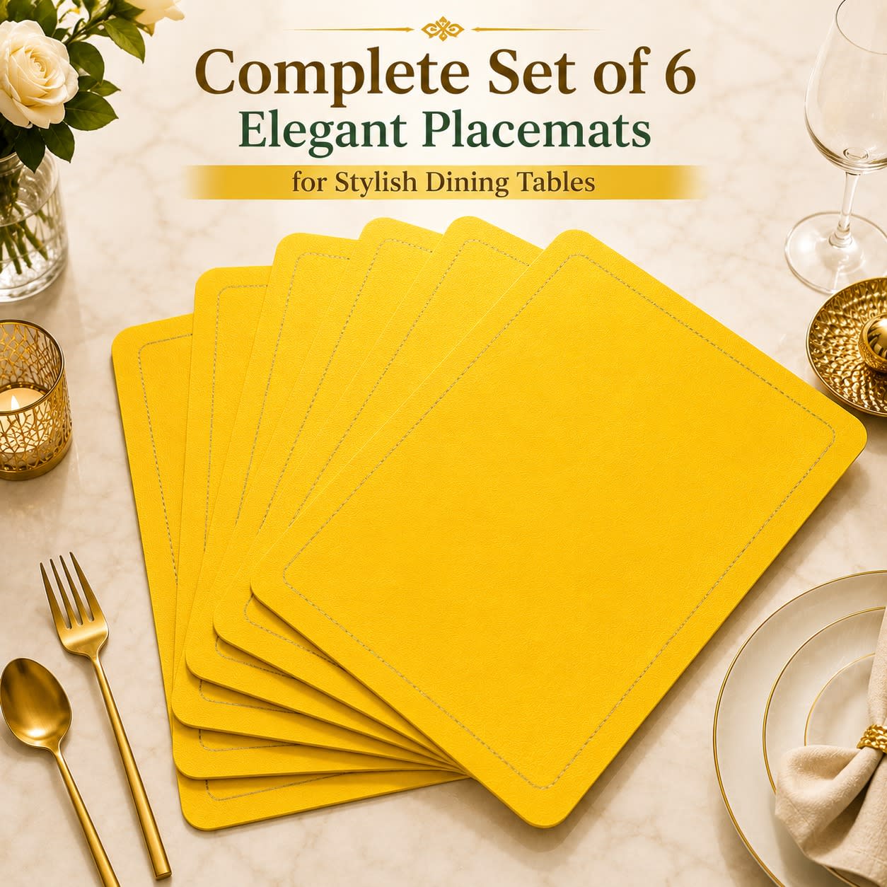 Premium Leather Type Table Mats with Golden Border - (Quantity: 6pcs) — view 9