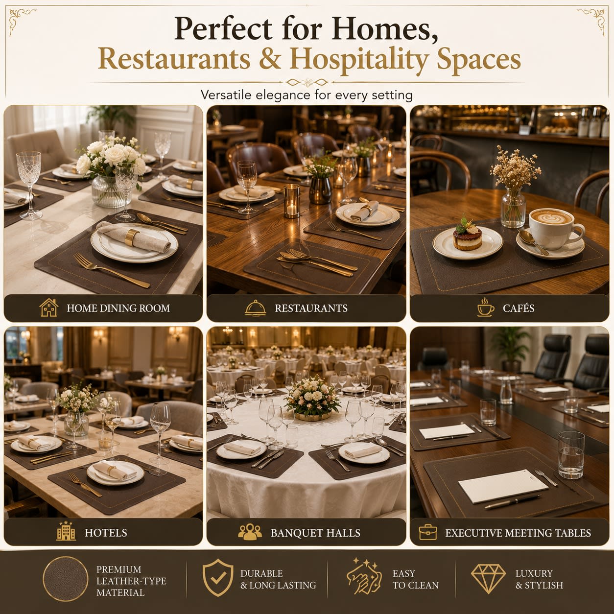 Premium Leather Type Table Mats with Golden Border - (Quantity: 6pcs) — view 3