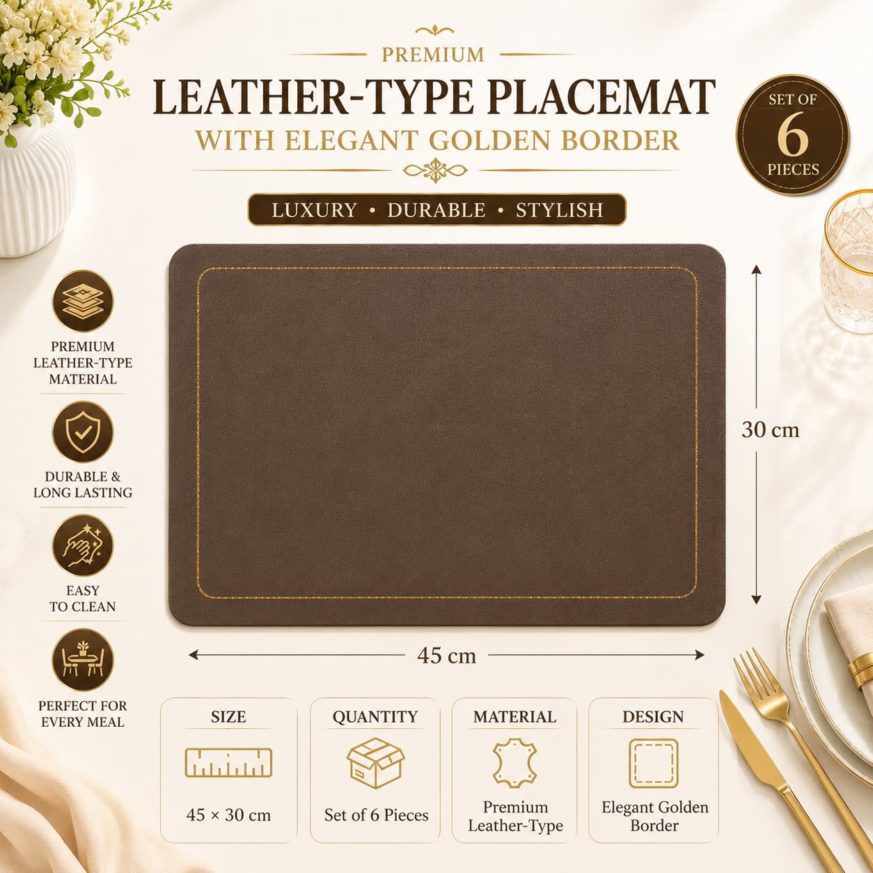 Premium Leather Type Table Mats with Golden Border - (Quantity: 6pcs) — view 7