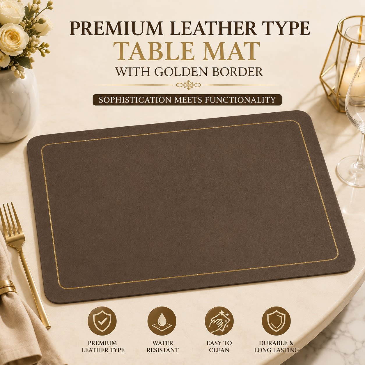 Premium Leather Type Table Mats with Golden Border - (Quantity: 6pcs) — view 8