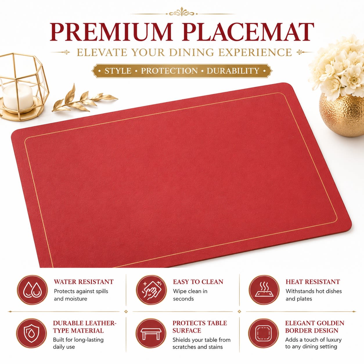 Premium Leather Type Table Mats with Golden Border - (Quantity: 6pcs) — view 6