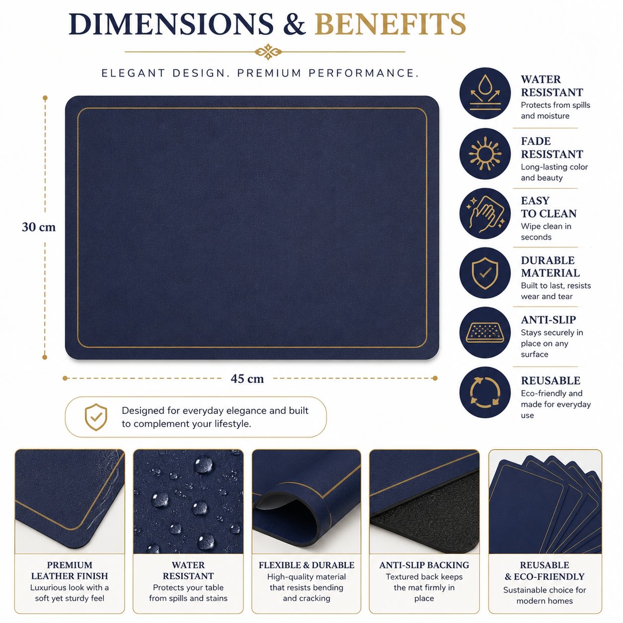 Premium Leather Type Table Mats with Golden Border - (Quantity: 6pcs) — view 4