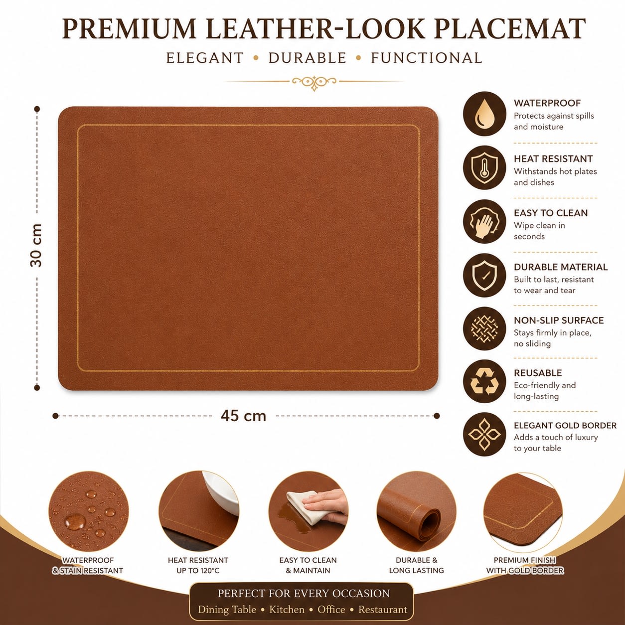 Premium Leather Type Table Mats with Golden Border - (Quantity: 6pcs) — view 4