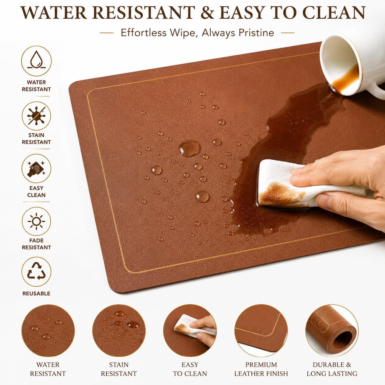 Premium Leather Type Table Mats with Golden Border - (Quantity: 6pcs) — view 6