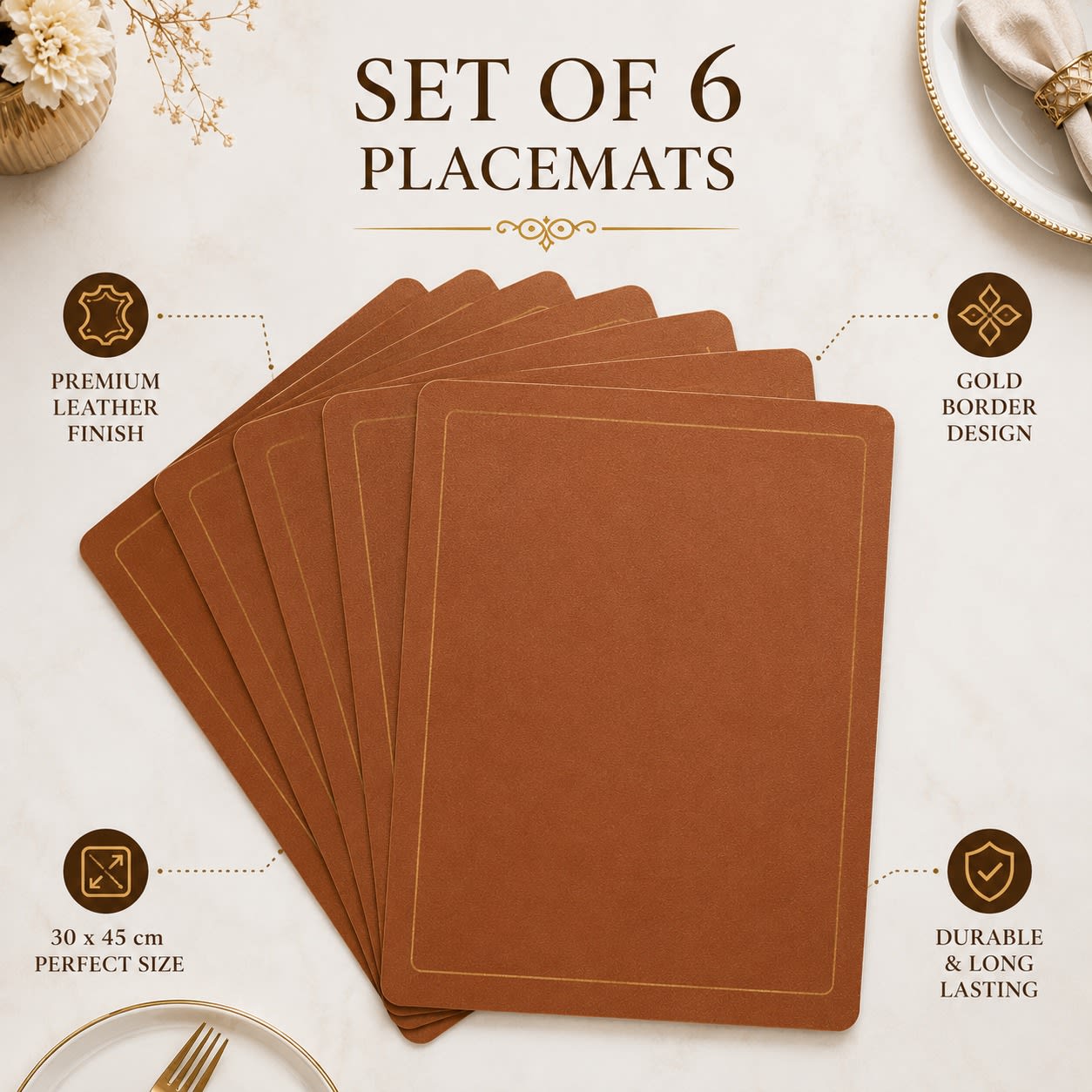 Premium Leather Type Table Mats with Golden Border - (Quantity: 6pcs) — view 8