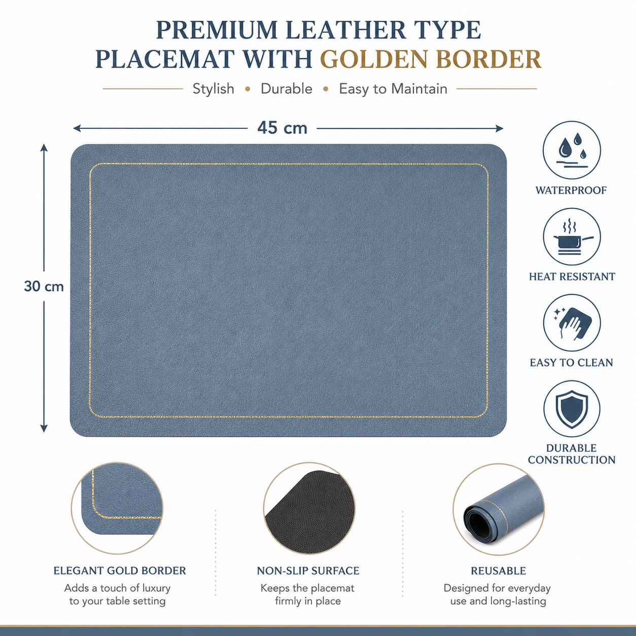Premium Leather Type Table Mats with Golden Border - (Quantity: 6pcs) — view 3
