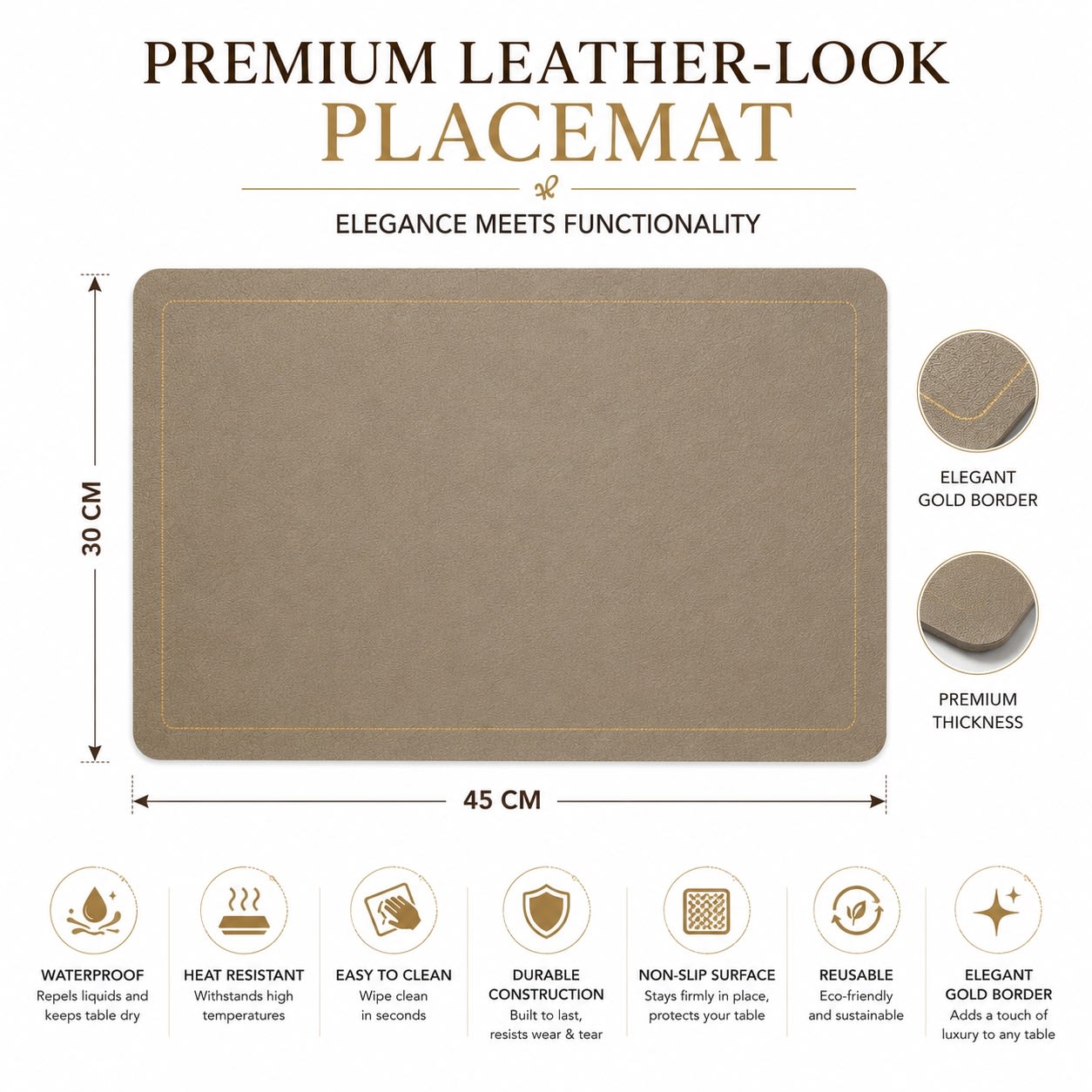 Premium Leather Type Table Mats with Golden Border - (Quantity: 6pcs) — view 3