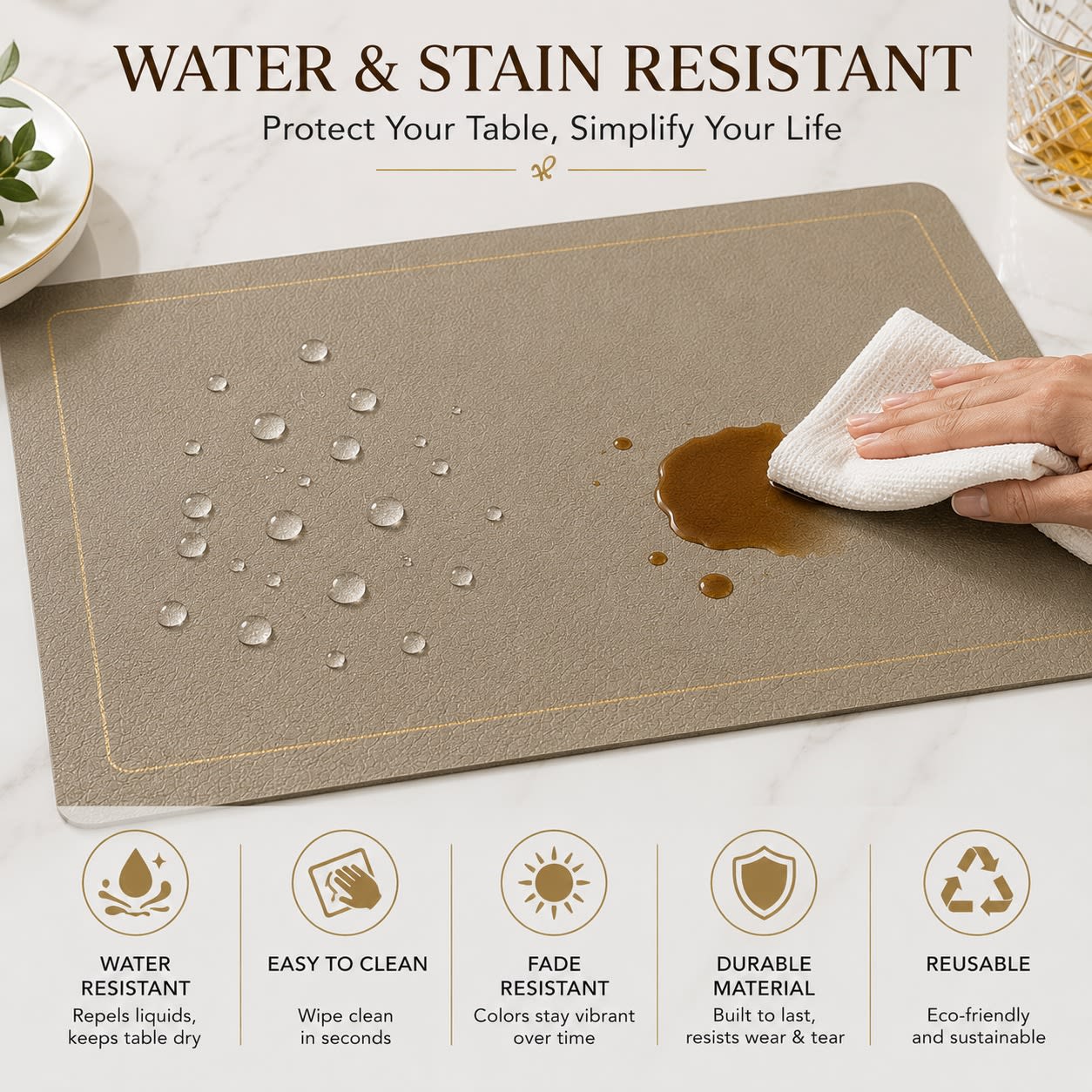 Premium Leather Type Table Mats with Golden Border - (Quantity: 6pcs) — view 5