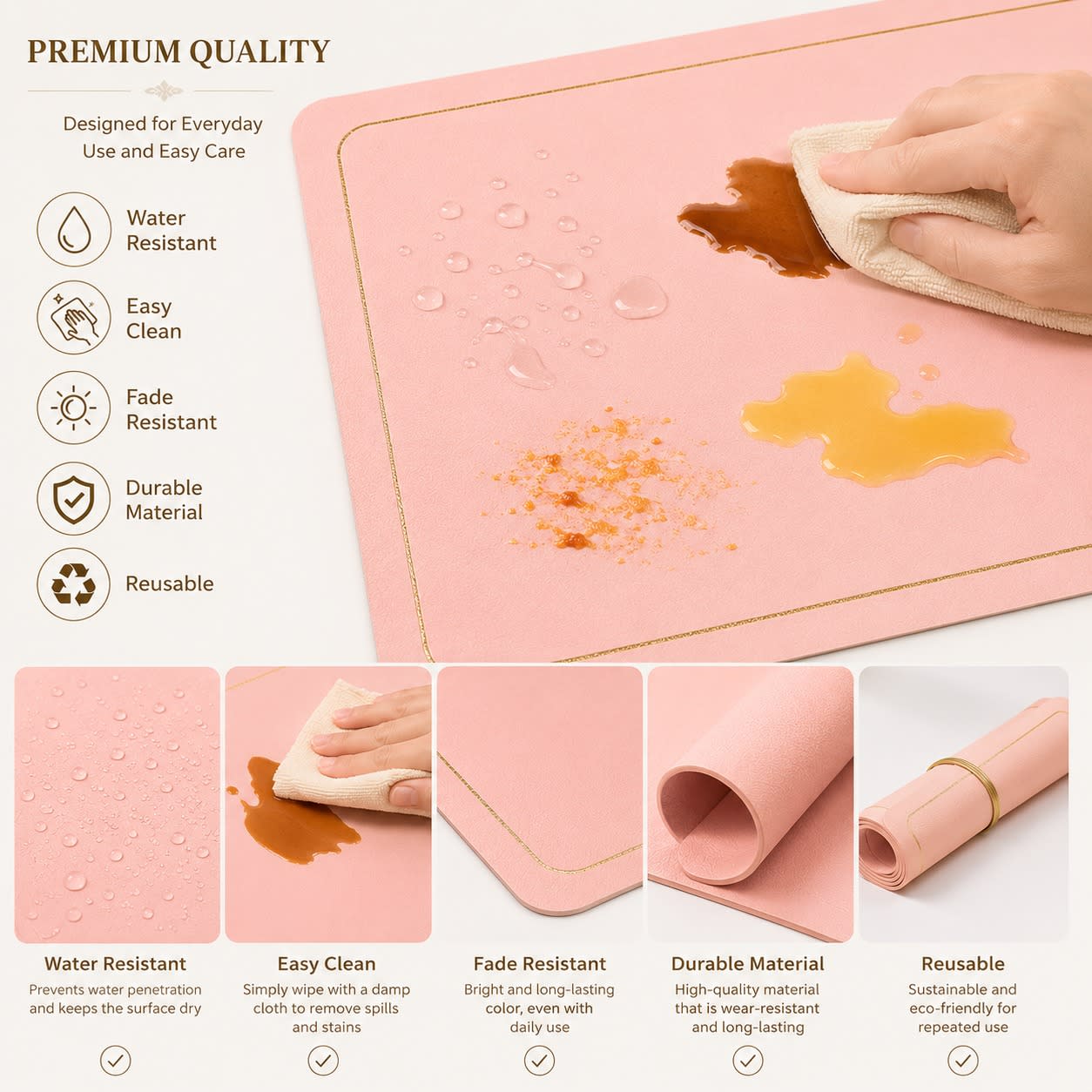 Premium Leather Type Table Mats with Golden Border - (Quantity: 6pcs) — view 4