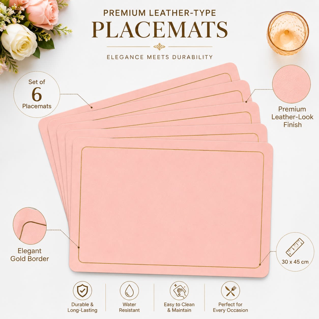 Premium Leather Type Table Mats with Golden Border - (Quantity: 6pcs) — view 7