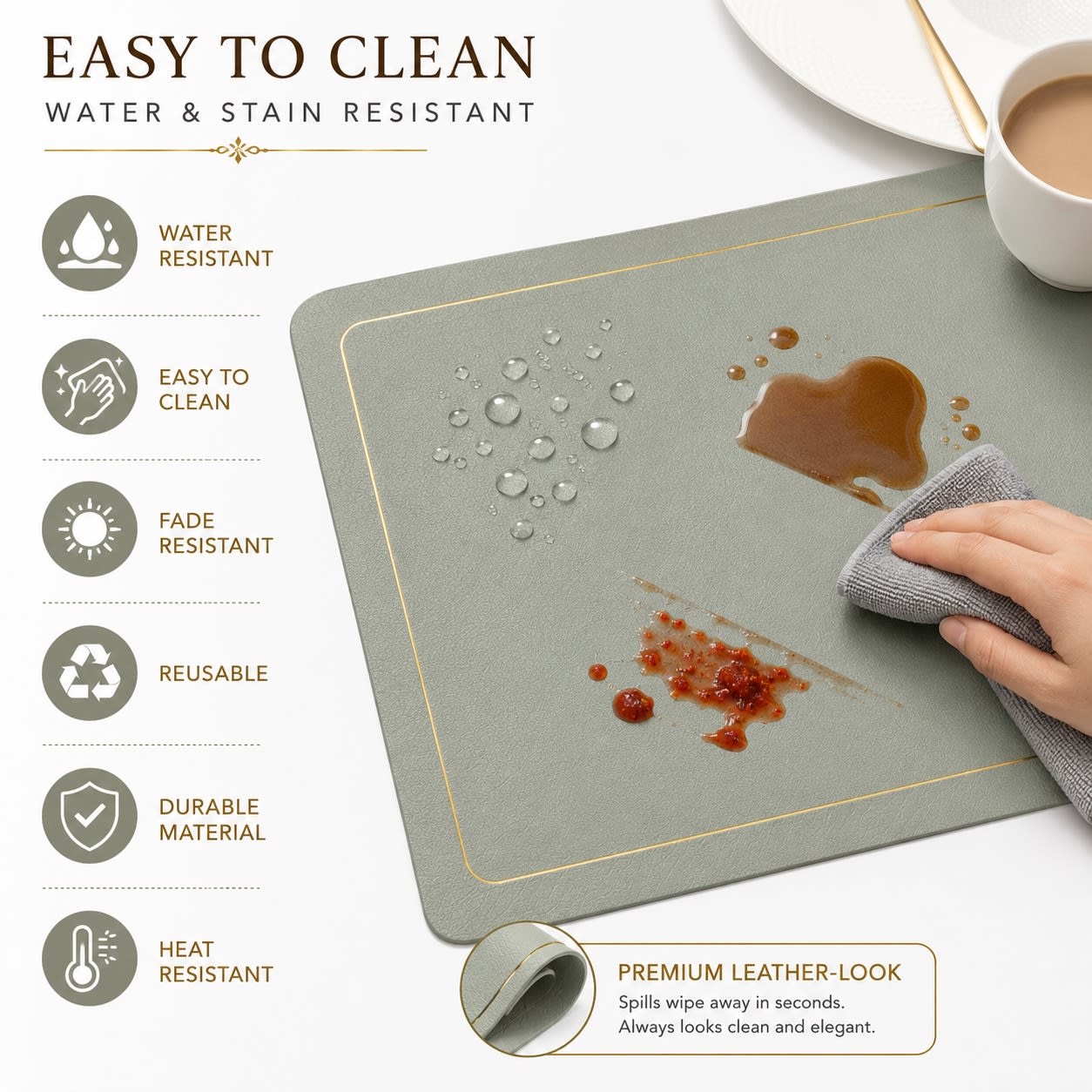 Premium Leather Type Table Mats with Golden Border - (Quantity: 6pcs) — view 5