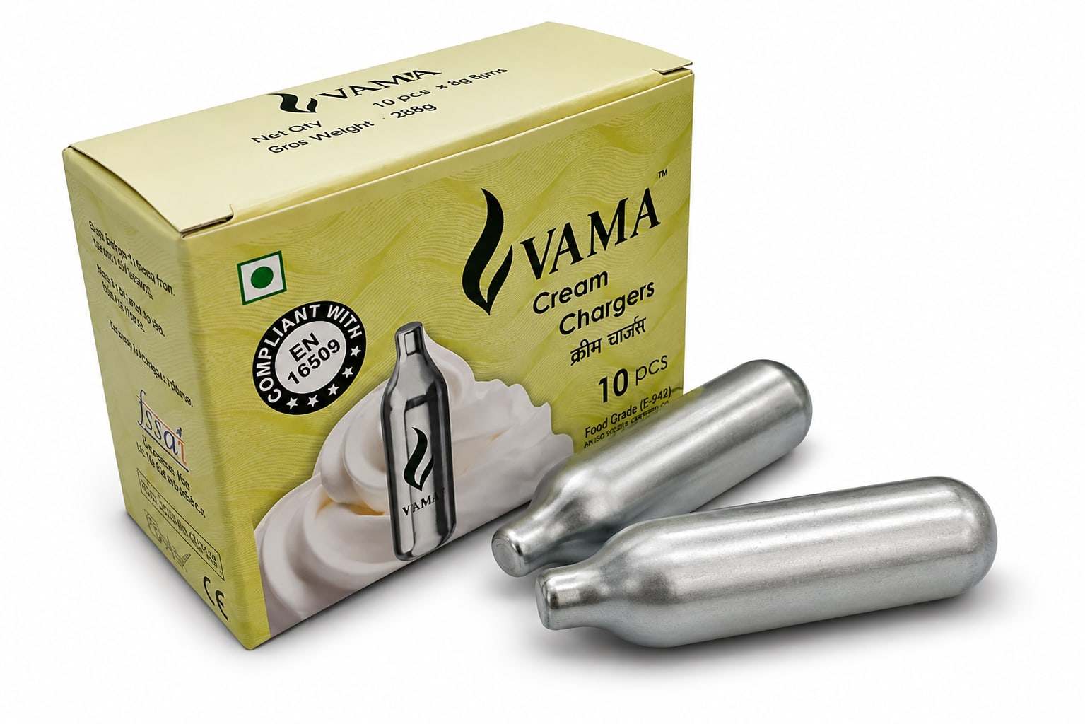VAMA SS 8g N2O Cream Chargers for Cream Whipper | 99.6% Pure | FSSAI Certified (10 pcs/box) — view 5