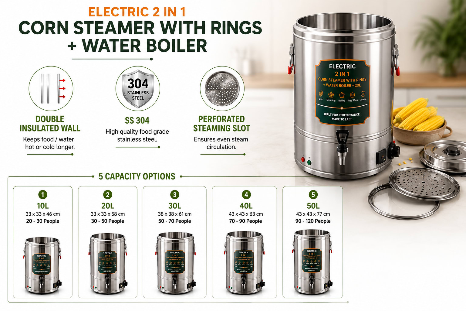 Electric 2 in 1 Corn Steamer with Rings + Water Boiler - 30L — view 2