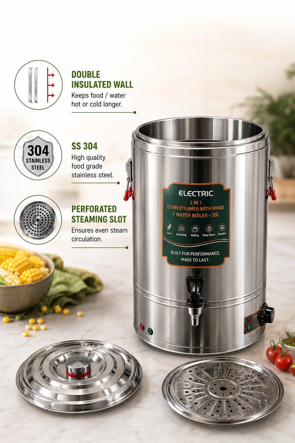 Electric 2 in 1 Corn Steamer with Rings + Water Boiler - 80L — view 3