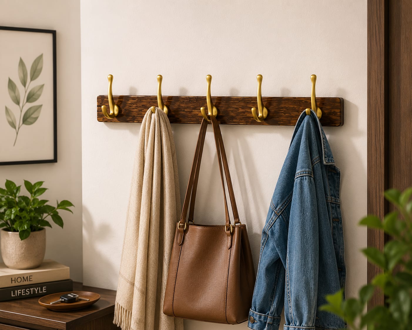 Wooden Wall Mountable Cloth Hanger - Brown with 5 Gold Hooks J shape — view 3
