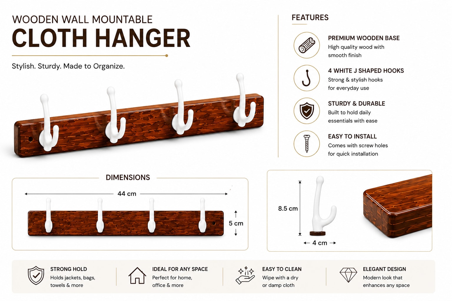 Wooden Wall Mountable Cloth Hanger - Brown with 4 White Hooks — view 2
