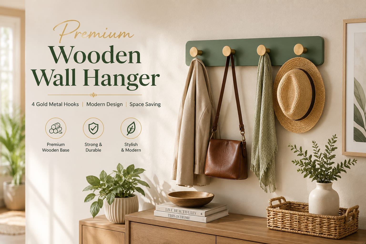 Wooden Wall Mountable Cloth Hanger - Green with 4 Gold Hooks — view 3