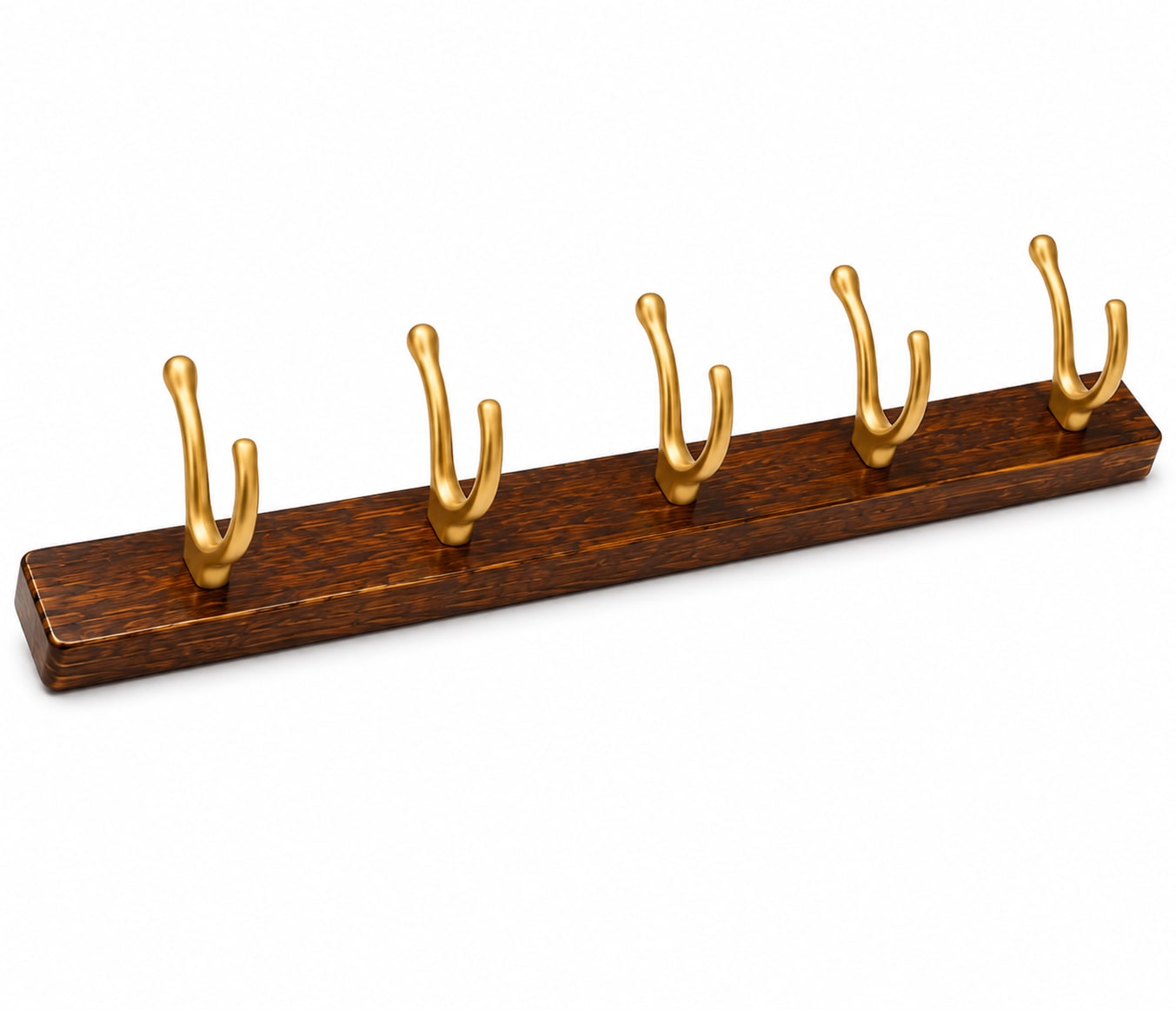 Wooden Wall Mountable Cloth Hanger - Brown with 5 Gold Hooks J shape — view 1