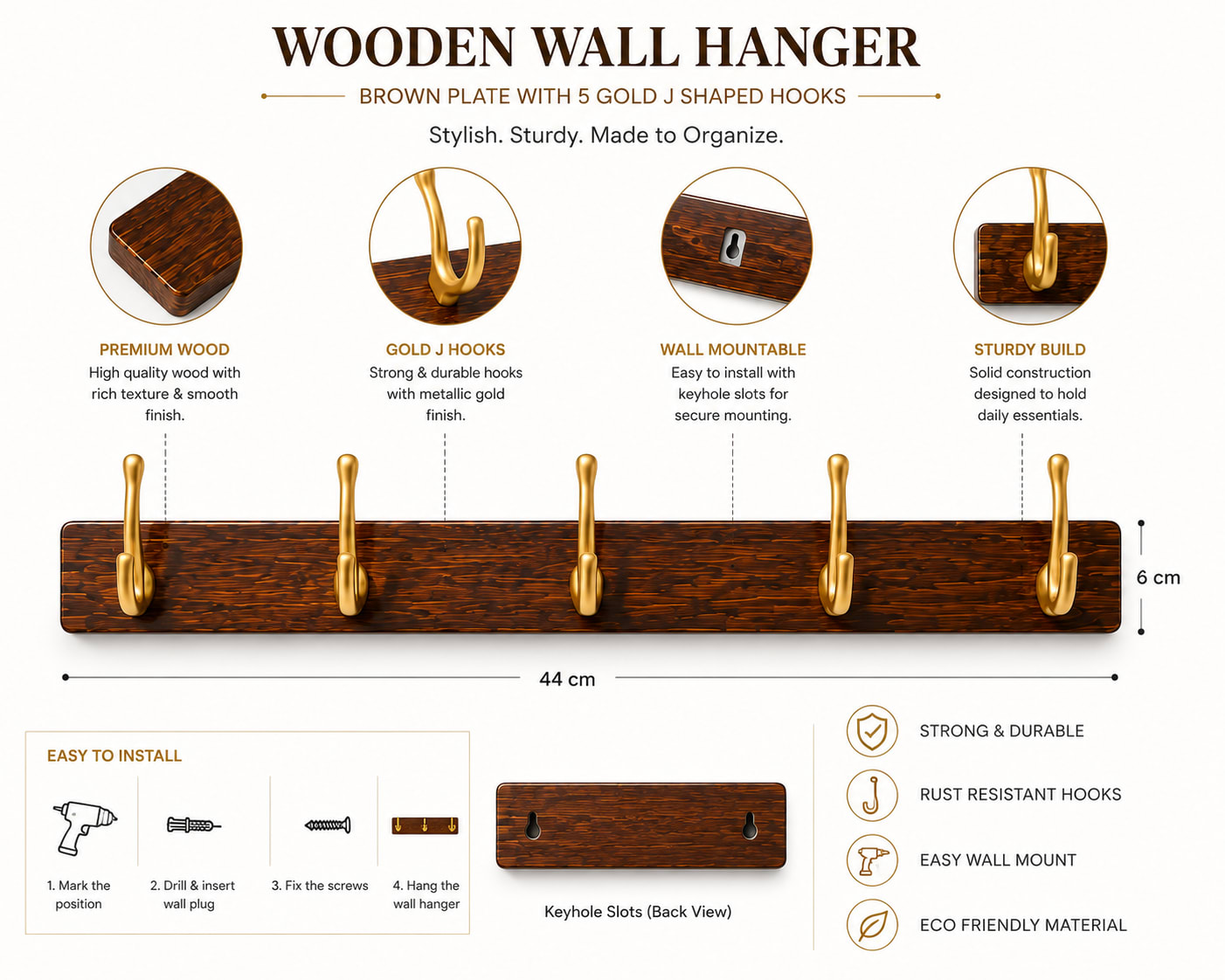Wooden Wall Mountable Cloth Hanger - Brown with 5 Gold Hooks J shape — view 2