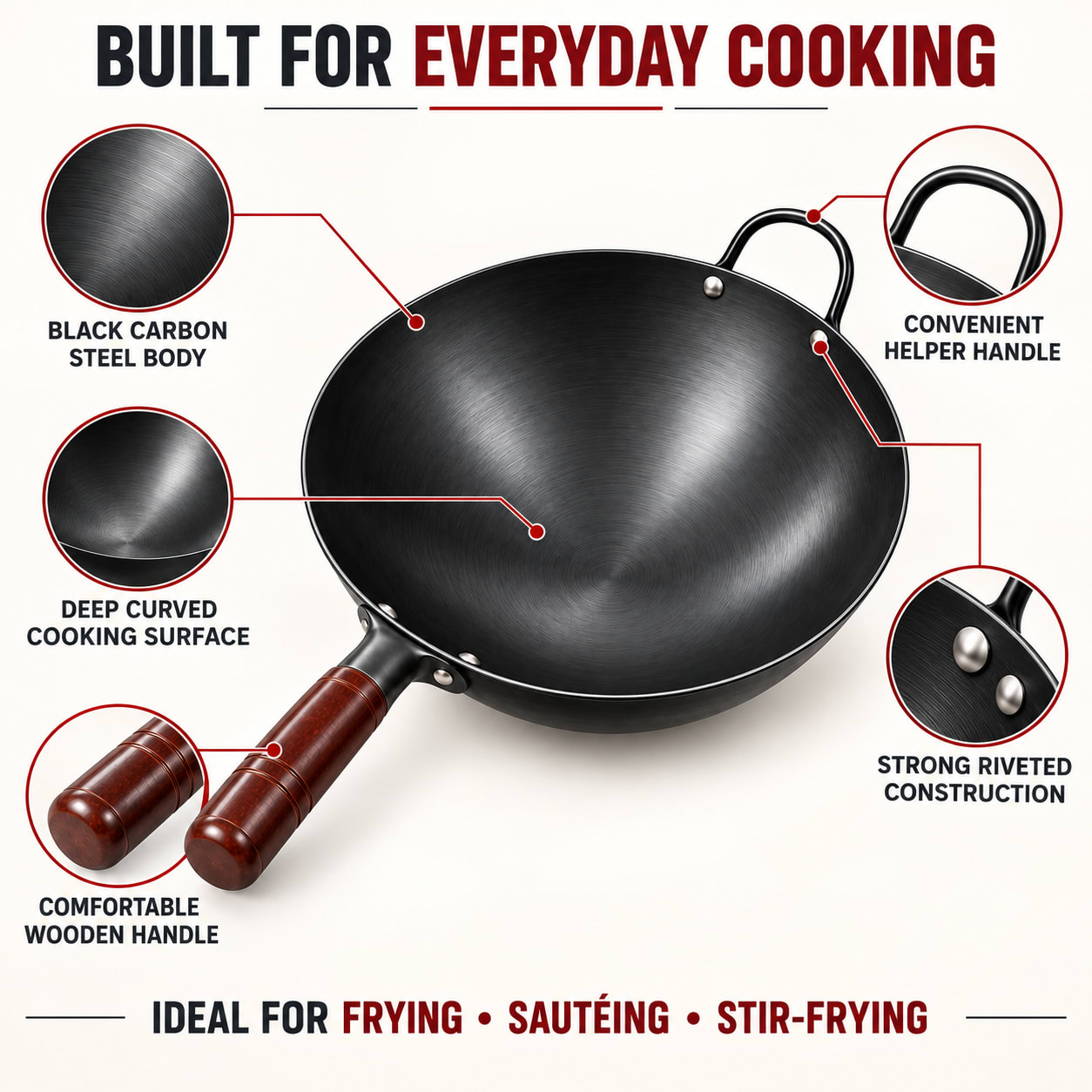 Wooden Handle Iron Wok — view 2
