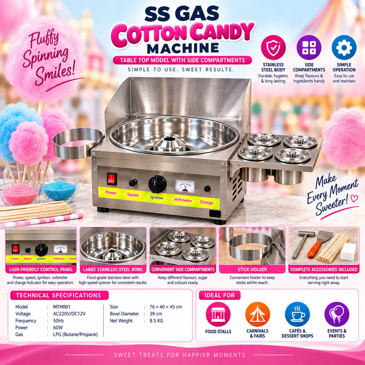 Premium Gas SS Cotton Candy Machine with 4 Side Holders — view 2