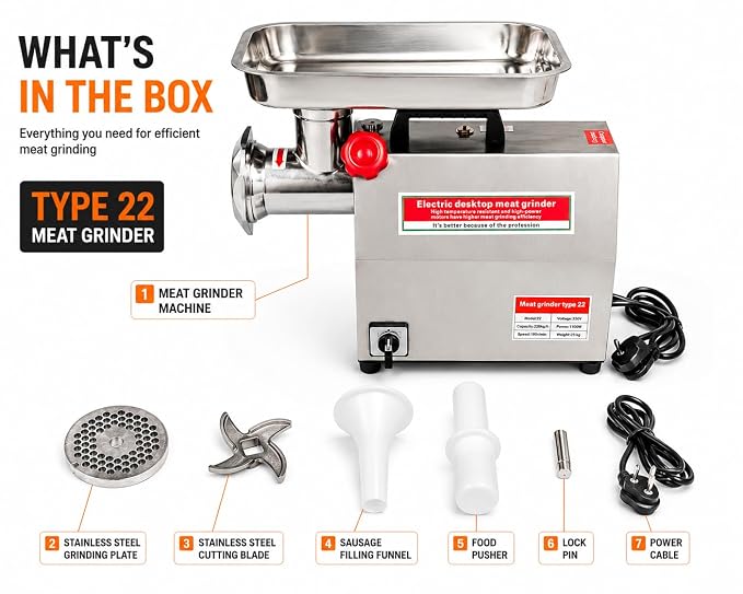 Electric Full SS Meat Mincer with Copper Motor No.22 (Capacity: 220kg/hr | Rpm: 190) — view 6