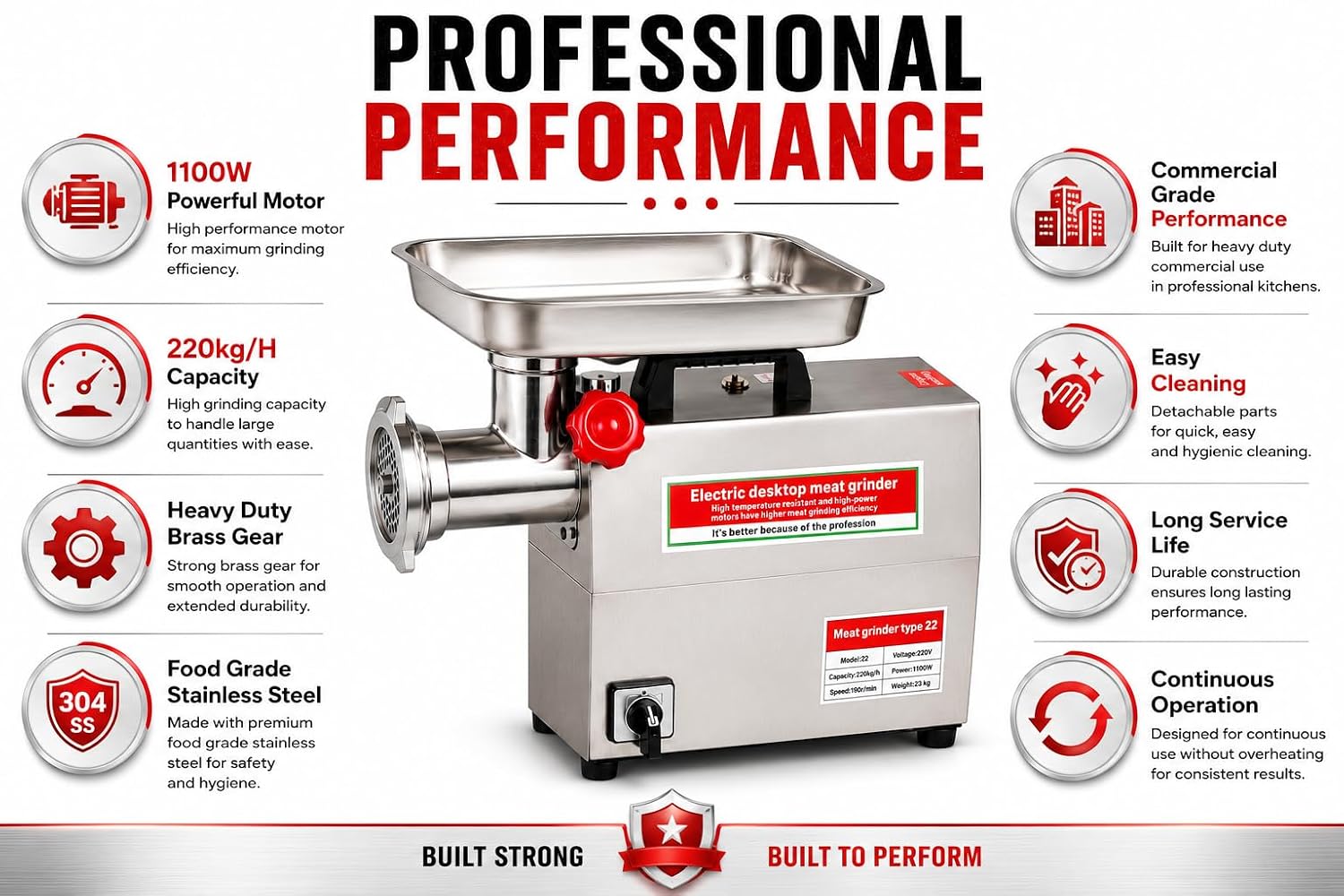 Electric Full SS Meat Mincer with Copper Motor No.22 (Capacity: 220kg/hr | Rpm: 190) — view 8
