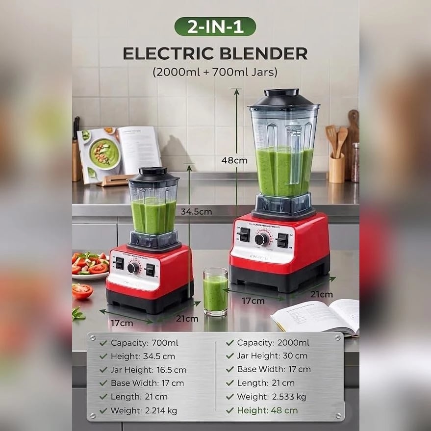 Electric Commercial Blender 4500W with 2000ml Jar + Extra 700ml Jar - Red - New Model — view 2