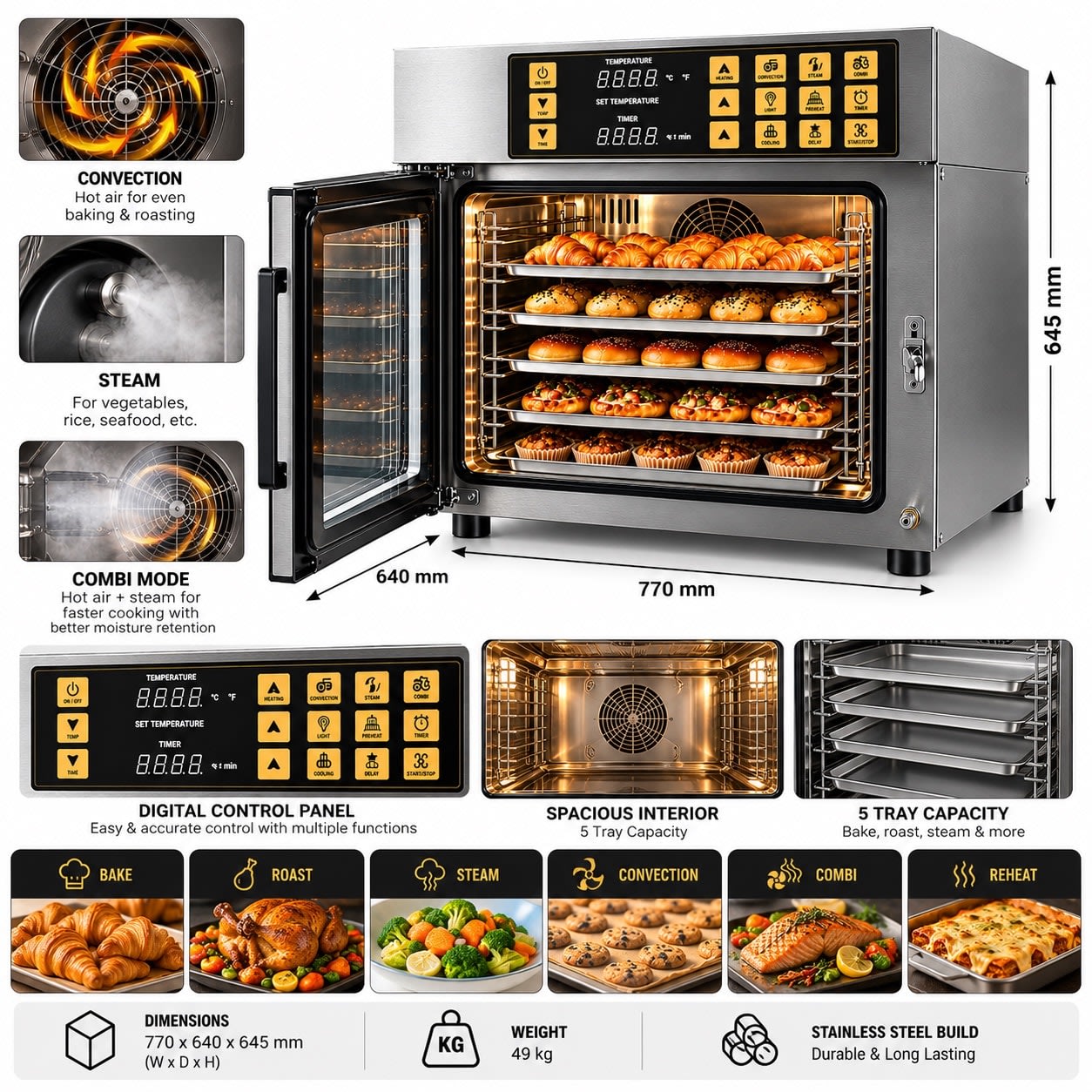 Electric Combi / Hot Air Convection Oven - 5 Tray with Trays — view 3