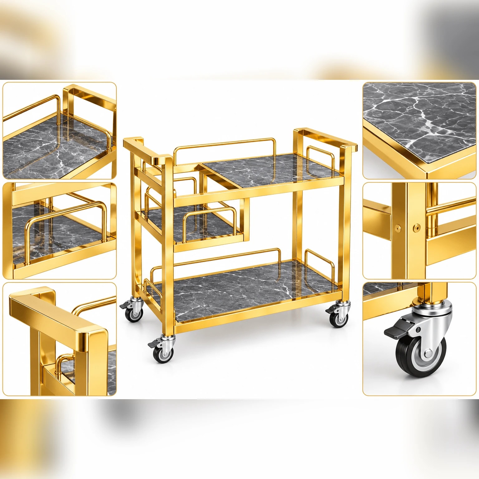 Premium 2 Layer Golden Rectangle Service Trolley with Ceramic Finish Top & Built-in Heating Slot — view 2