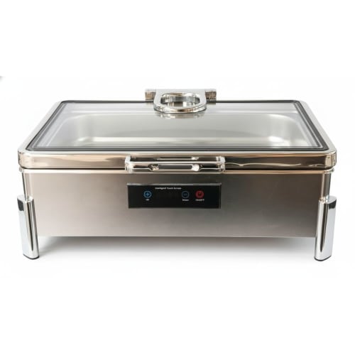 Premium Digital Chafing Dish Rectangle 9L Silver with Inbuilt Heater + Transparent Lid + Hydraulic Soft Close (1 GN Pans of 1/1 65mm)