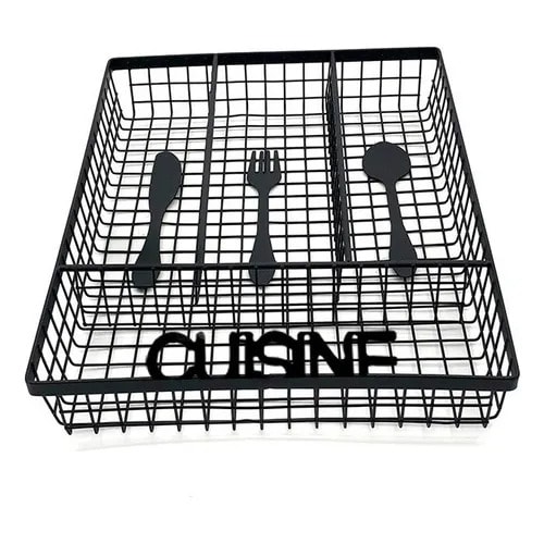 Thick Metal Wire Rectangle Cutlery Holder 4 Compartments - Black