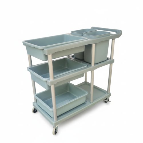 ABS Plastic 3 Layer Service Trolley with 3 Trays & 2 Bins & Base Support Fibre Plates