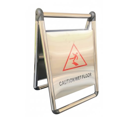 SS Sign Board with Double Sided Text - "Caution Wet Floor"