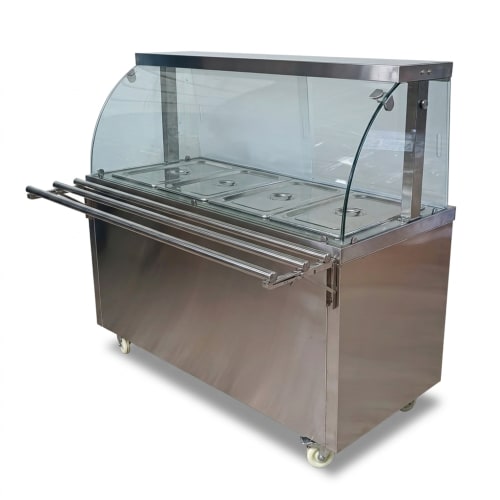 Premium 4000W Electric HOT Bain Marie Ready Counters with LED Light - Acrylic Sliding Door | Hot Inner Cabinets | 4 Wheels (2 With & 2 Without Brakes) | Wooden Packing for Glass | (GN Pans of 1/1 150mm) — 4 Compartments