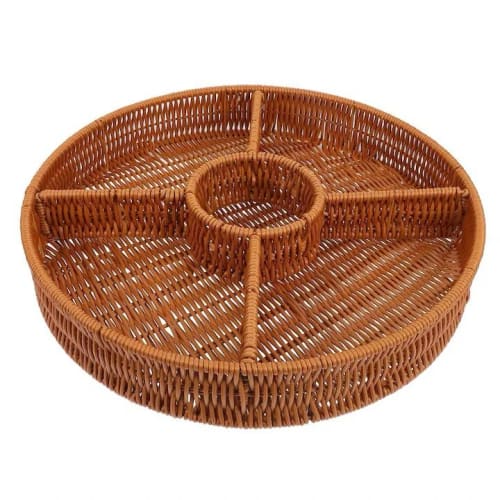 AD3 Heavy Round Shaped Polyrattan Basket with 5 Compartments & Metal Wire 37x6.5cm - Walnut Brown