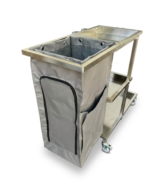SS Cleaning Cart Trolley - Grey Bag with Pockets + Side Hooks — Small