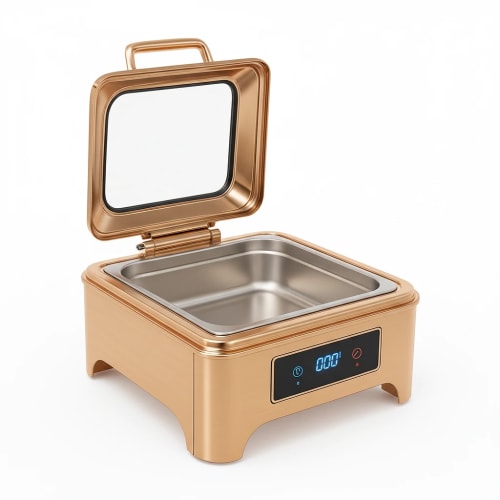 Digital Chafing Dish Square 6L with Inbuilt Heater + Transparent Lid + Hydraulic Soft Close (1 GN Pan of 2/3 65mm) — Rose Gold