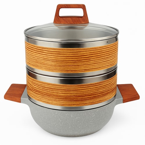 Wooden Dimsum Basket 3 Layers with SS Rings & Ceramic Kadai — 29cm