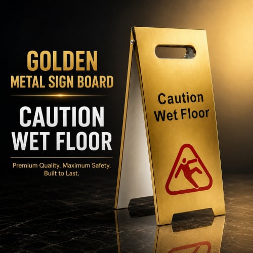 Golden Metal Sign Board - Caution Wet Floor