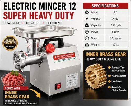Electric Full SS Meat Mincer with Aluminium Motor No.12 (Capacity: 150kg/hr | Rpm: 170)